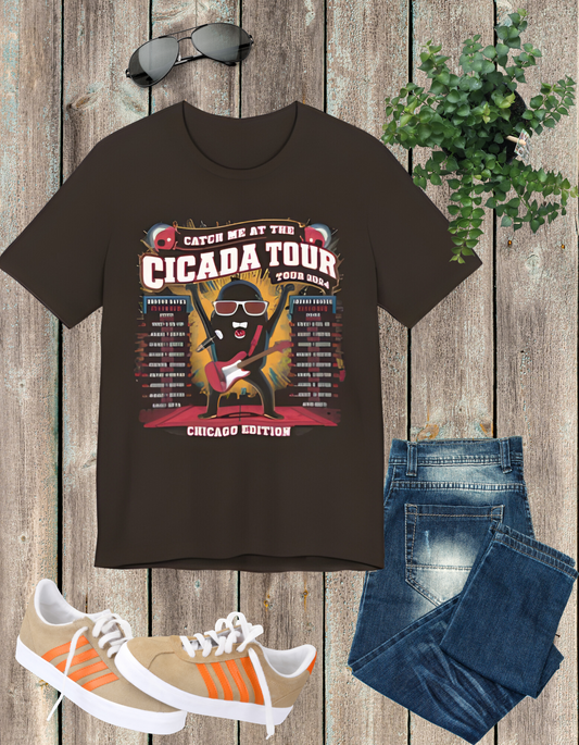 Cicada Tour 2024 Chicago Edition t-shirt featuring a mystical cicada design, with event dates and details in an eye-catching layout.