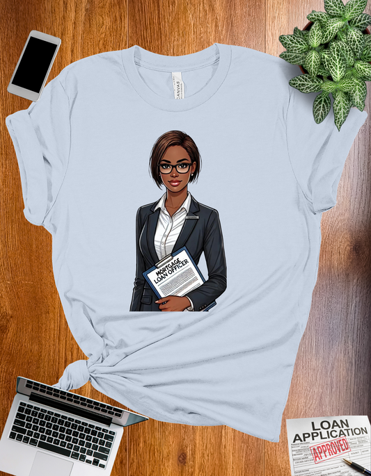 Mortgage Loan Officer gift t-shirt featuring a professional illustration of a loan officer holding documents.