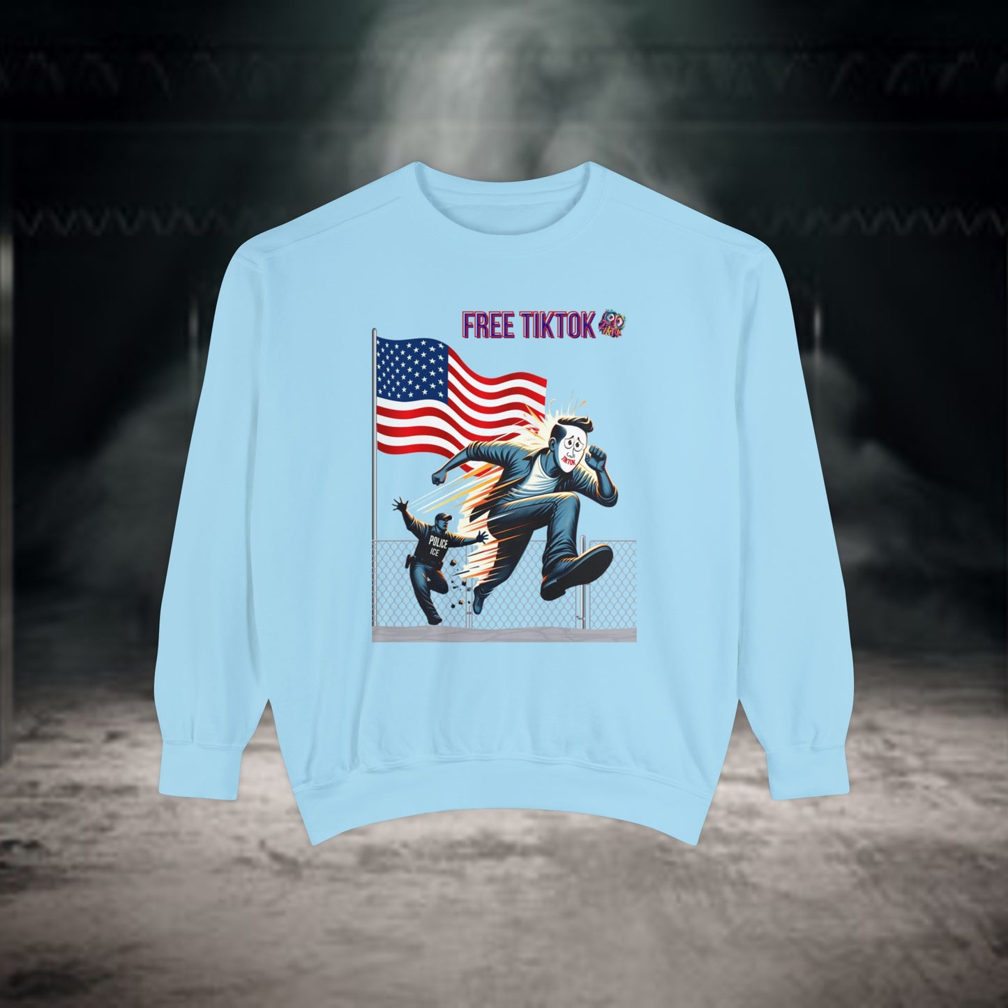 Bold "Free TikTok" vintage graphic sweatshirt featuring a dynamic illustration of a rebellious figure escaping over a fence with the American flag in the background, perfect for making a statement with style.