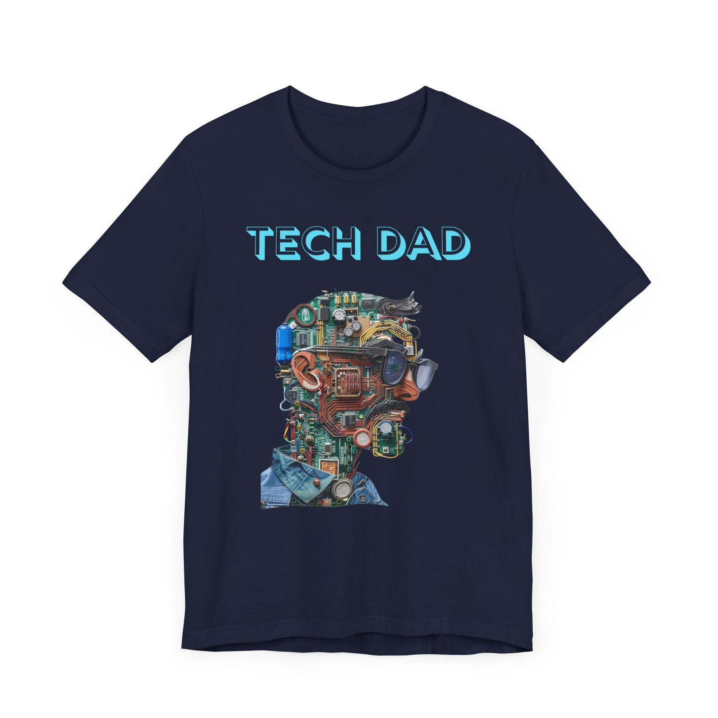 T-shirt with a bold 'Tech Dad' design, featuring a vibrant circuit board graphic, perfect for tech-savvy dads.