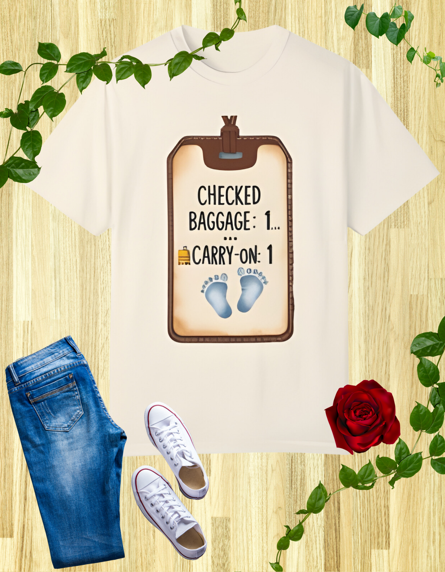 Multi-colored t-shirt featuring a playful design with the text "Checked Baggage: 1... Carry-On: 1" and tiny baby footprints.