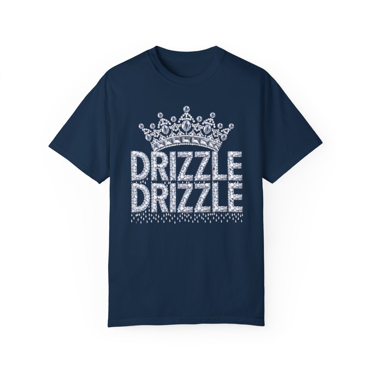 'Drizzle Drizzle' themed t-shirts showcasing a blend of royal crown imagery and modern slang, perfect for a relaxed yet stylish look.