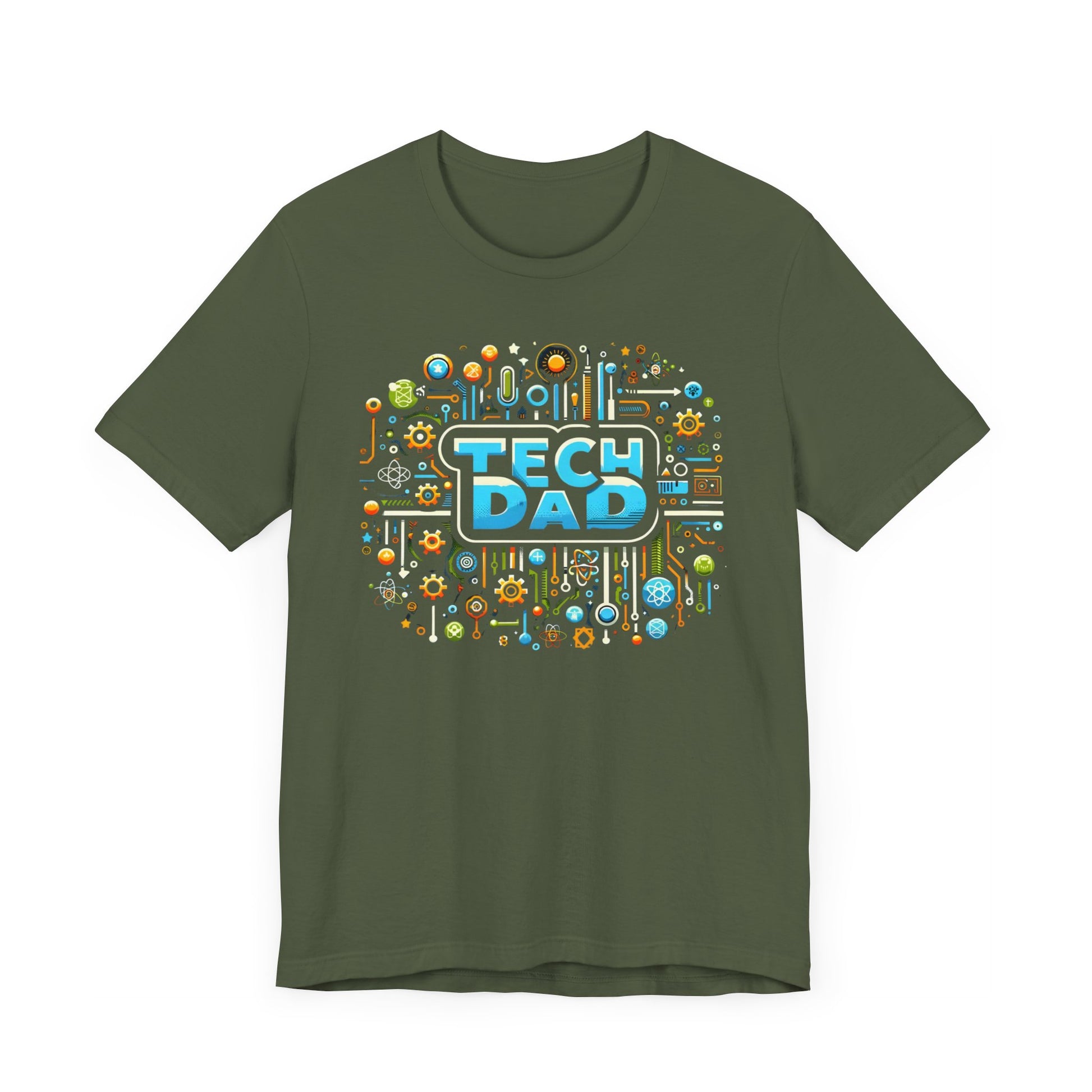 T-shirt with a bold 'Tech Dad' design, featuring a vibrant circuit board graphic, perfect for tech-savvy dads.