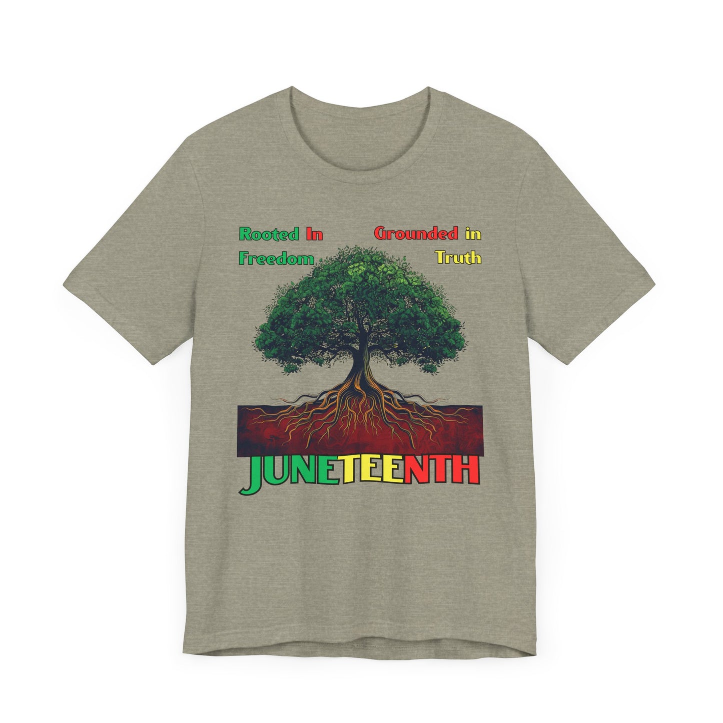 Empowering 'Rooted in Freedom' Juneteenth shirt featuring a majestic tree with roots symbolizing strength and resilience, perfect for celebrating heritage and Black history.