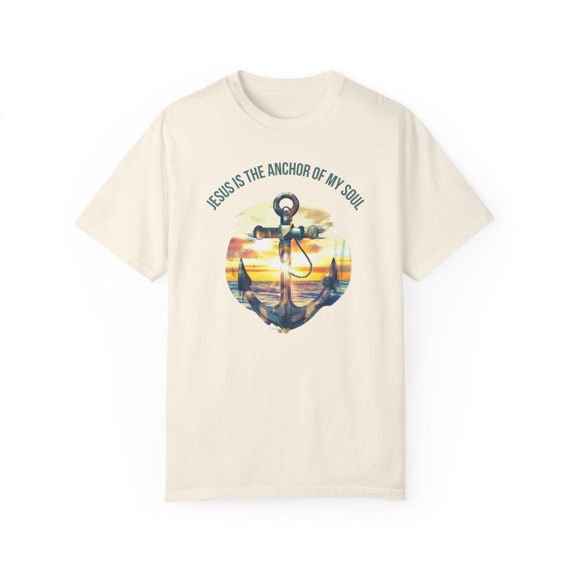 Inspirational "Jesus is the Anchor of My Soul" Christian graphic tee featuring an anchor design set against a serene sunset, perfect for expressing faith and spirituality with a vintage touch.