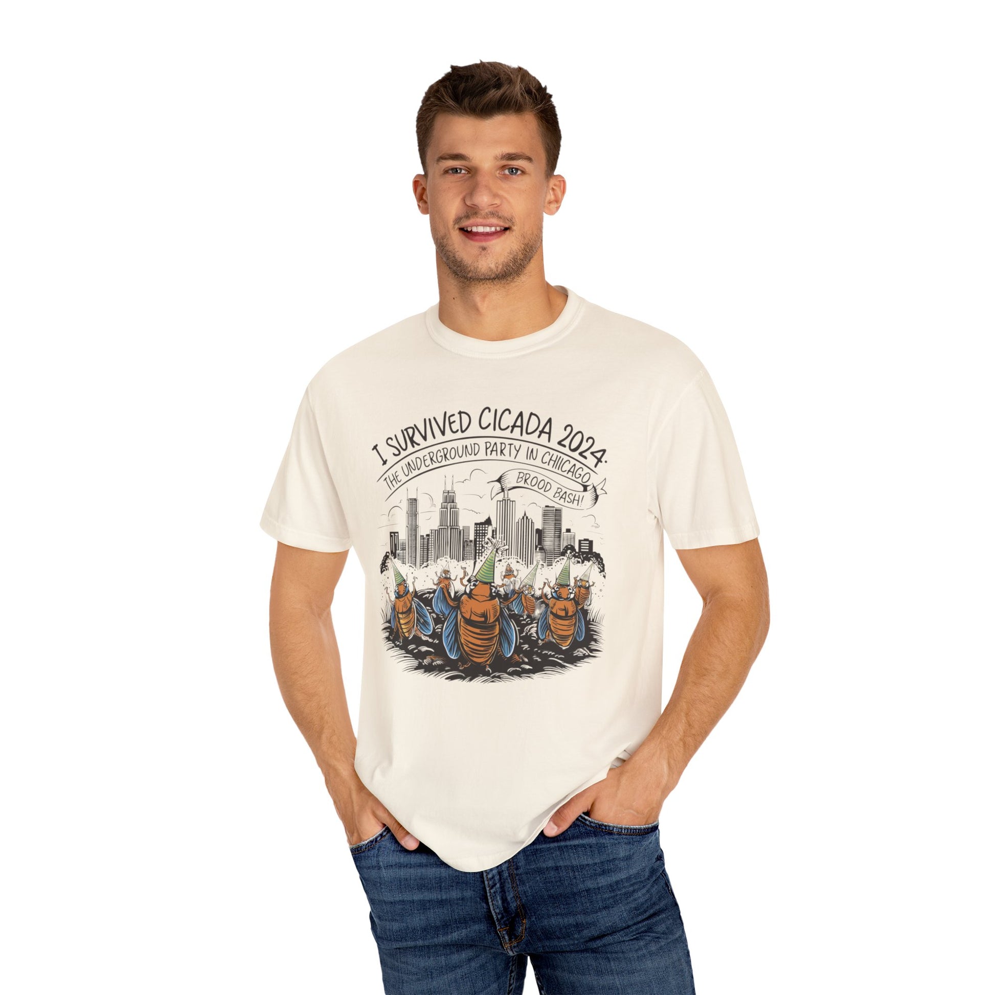 Ivory t-shirt with a graphic of cicadas in front of a cityscape, captioned 'I Survived Cicada 2024, The Underground Party in the city.