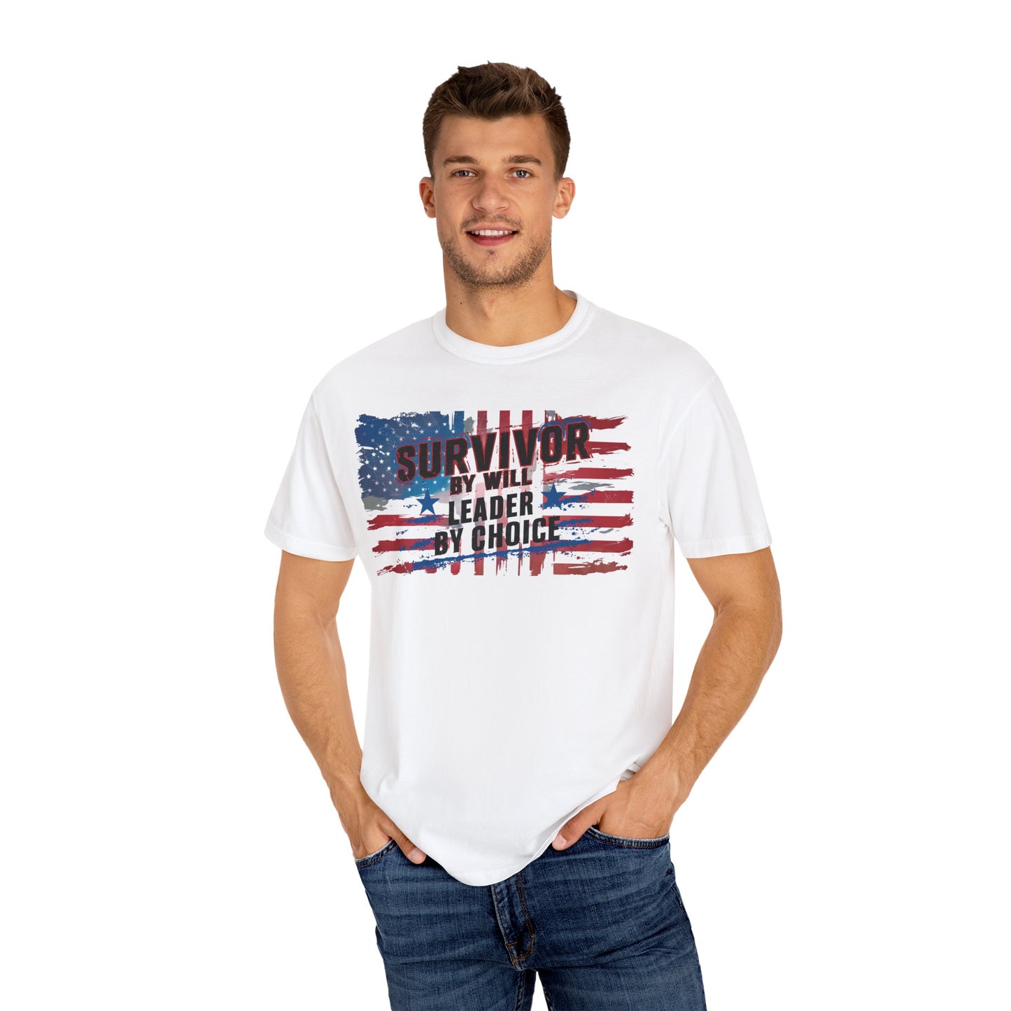 Patriotic T-Shirt - Survivor by Will, Leader by Choice | Vintage American Flag Design