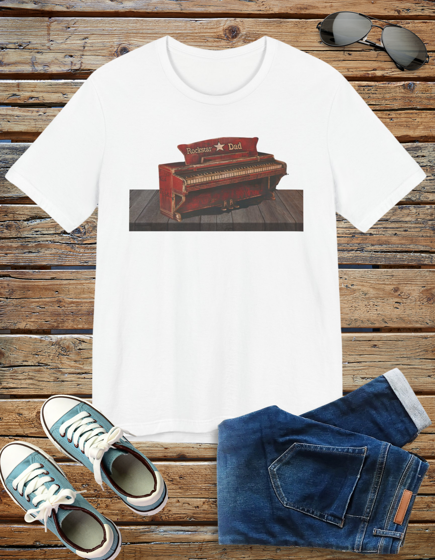 Rockstar Dad t-shirt featuring a piano design, perfect for music-loving dads.