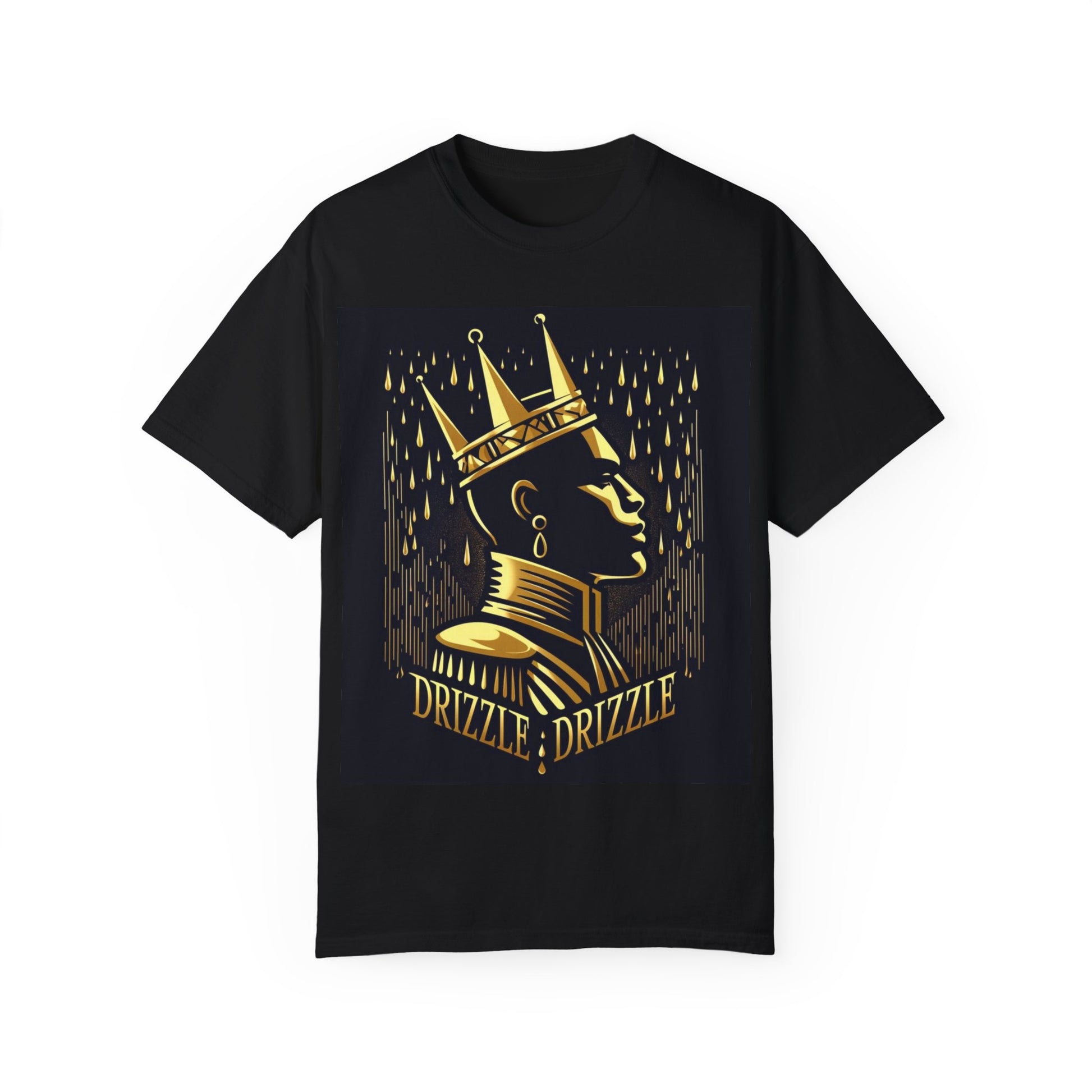 'Drizzle Drizzle' themed t-shirts showcasing a blend of royal crown imagery and modern slang, perfect for a relaxed yet stylish look.