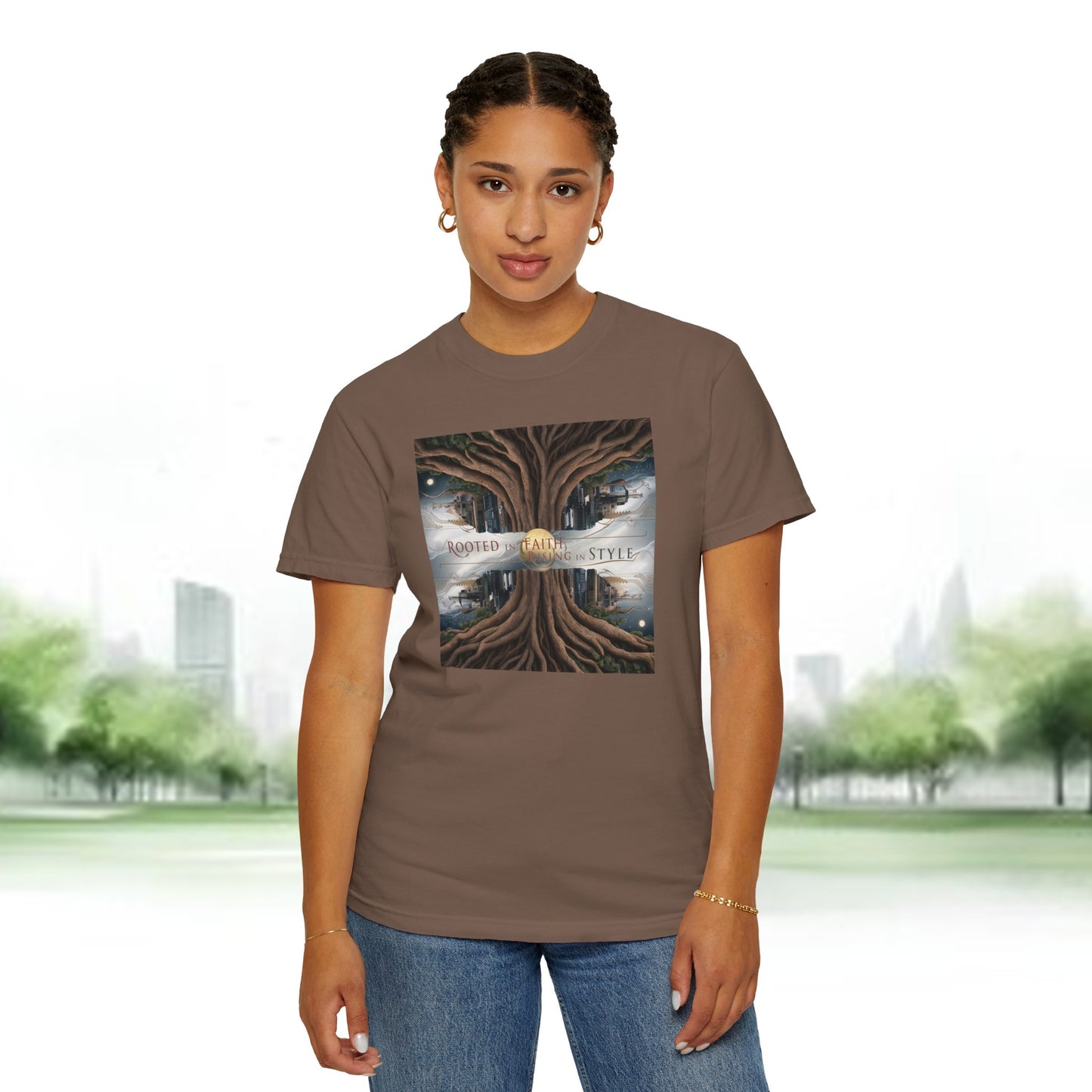 Inspirational "Rooted in Faith" Christian graphic tee featuring a stunning vintage tree design with the message "Rooted in Faith, Growing in Style," perfect for expressing faith and spirituality with a stylish touch.