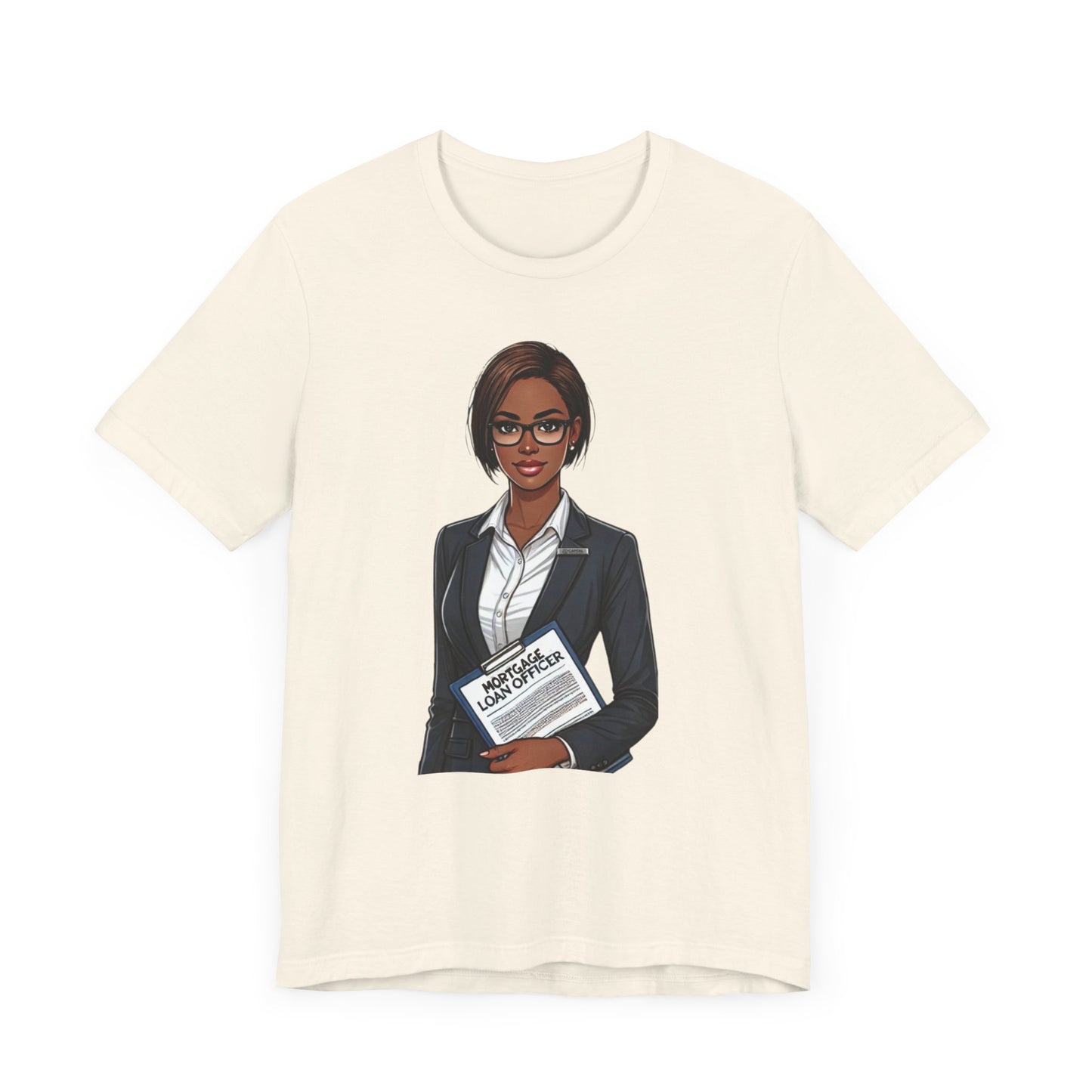 Mortgage Loan Officer gift t-shirt featuring a professional illustration of a loan officer holding documents.