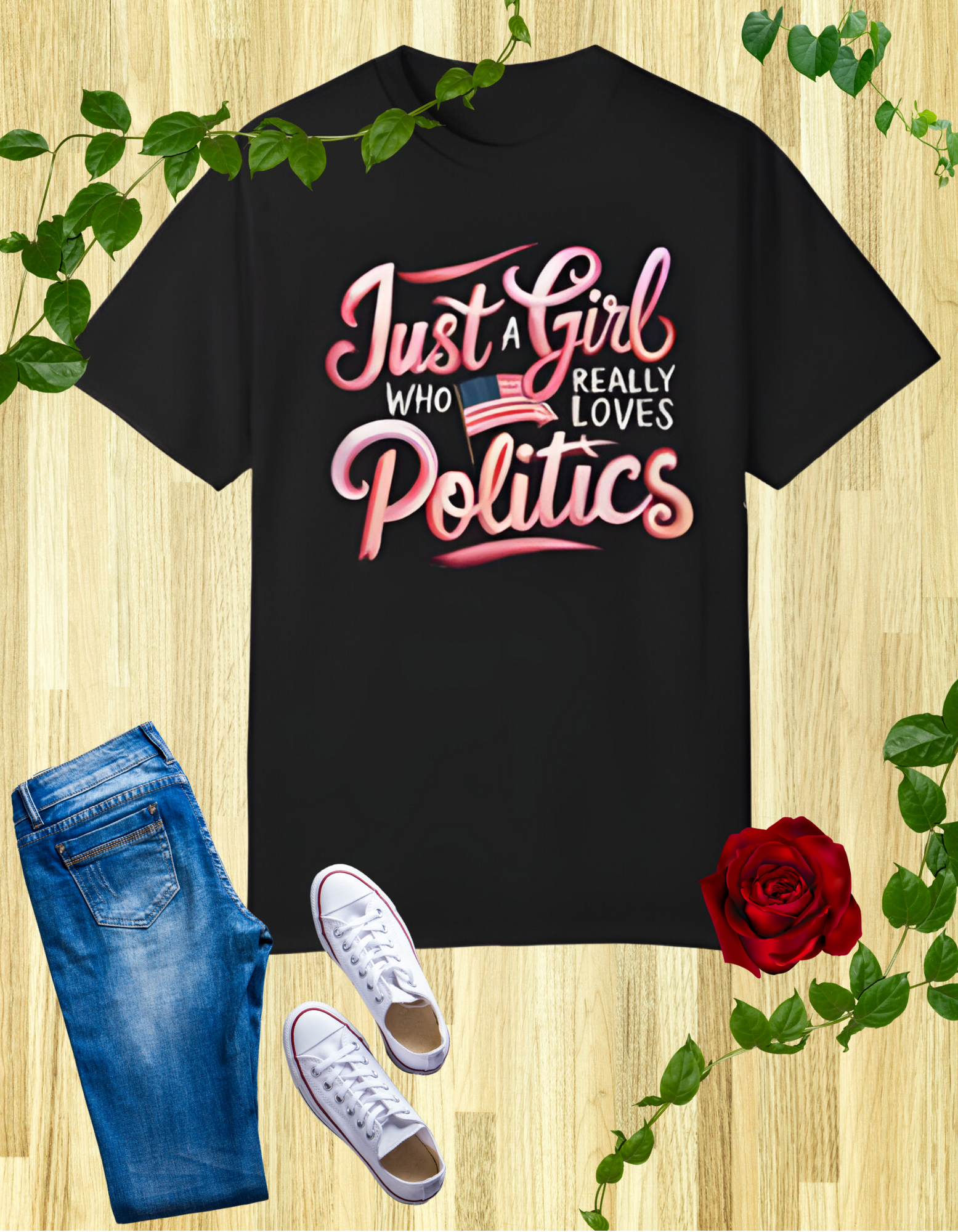 A black t-shirt with the text 'Just a Girl Who Really Loves Politics' in bold, white and pink lettering, featuring an American flag graphic.