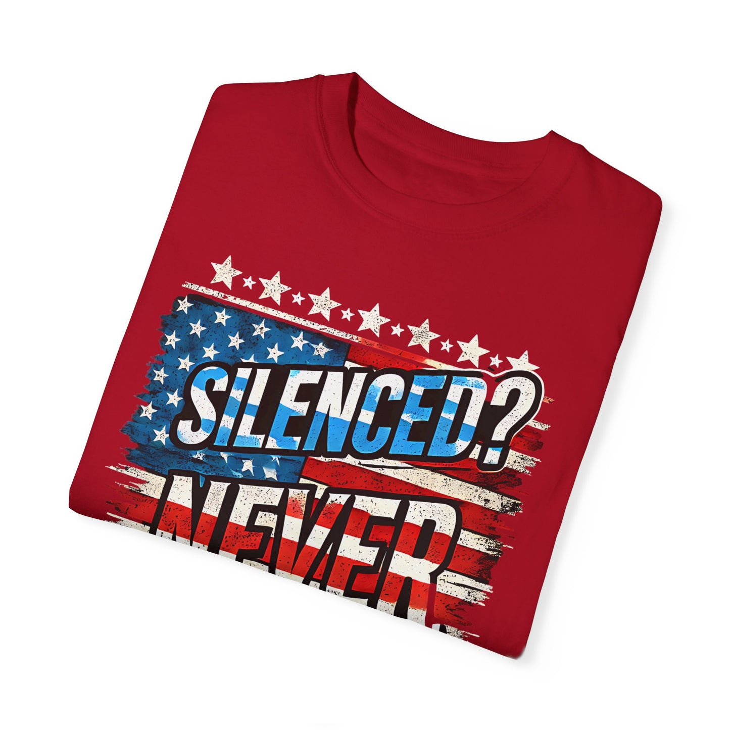 Silenced? Never. Patriotic T-Shirt with Vintage American Flag Design