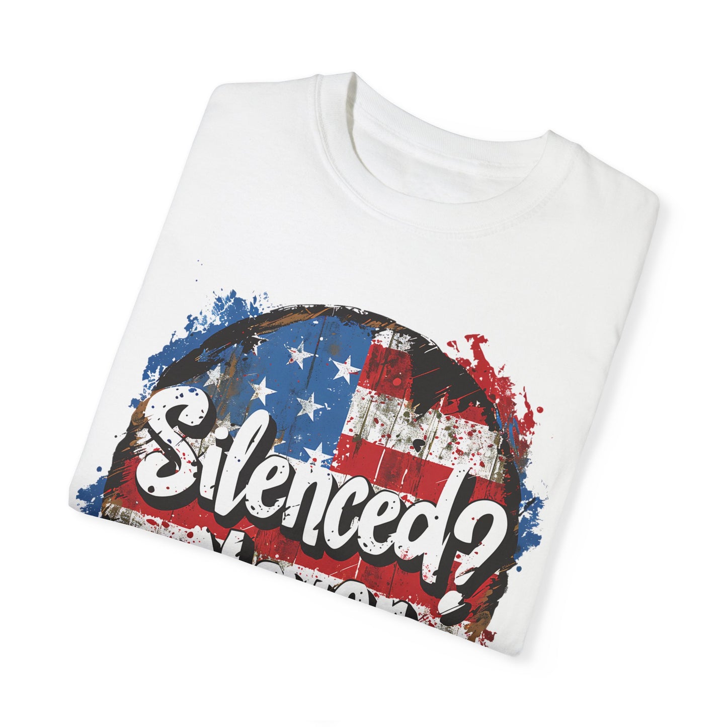 Silenced? Never. Patriotic T-Shirt with Vintage American Flag Design