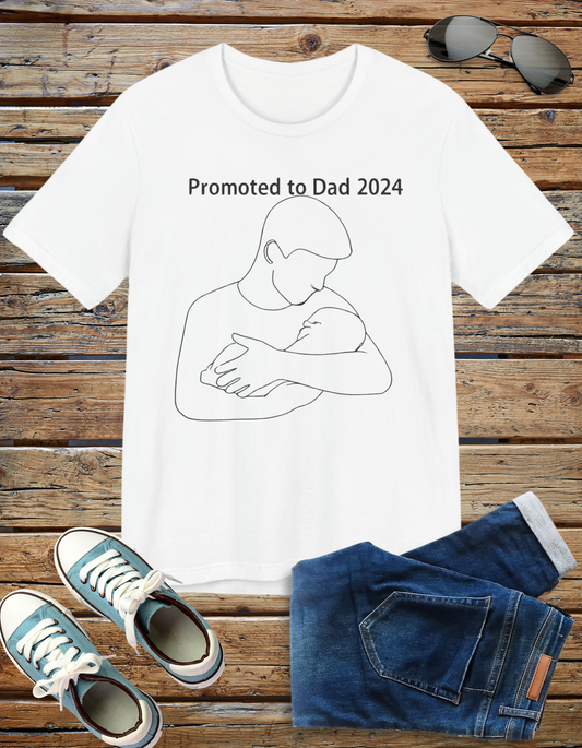 Promoted to Dad 2024 t-shirt with a colorful design, perfect for new dads celebrating fatherhood.