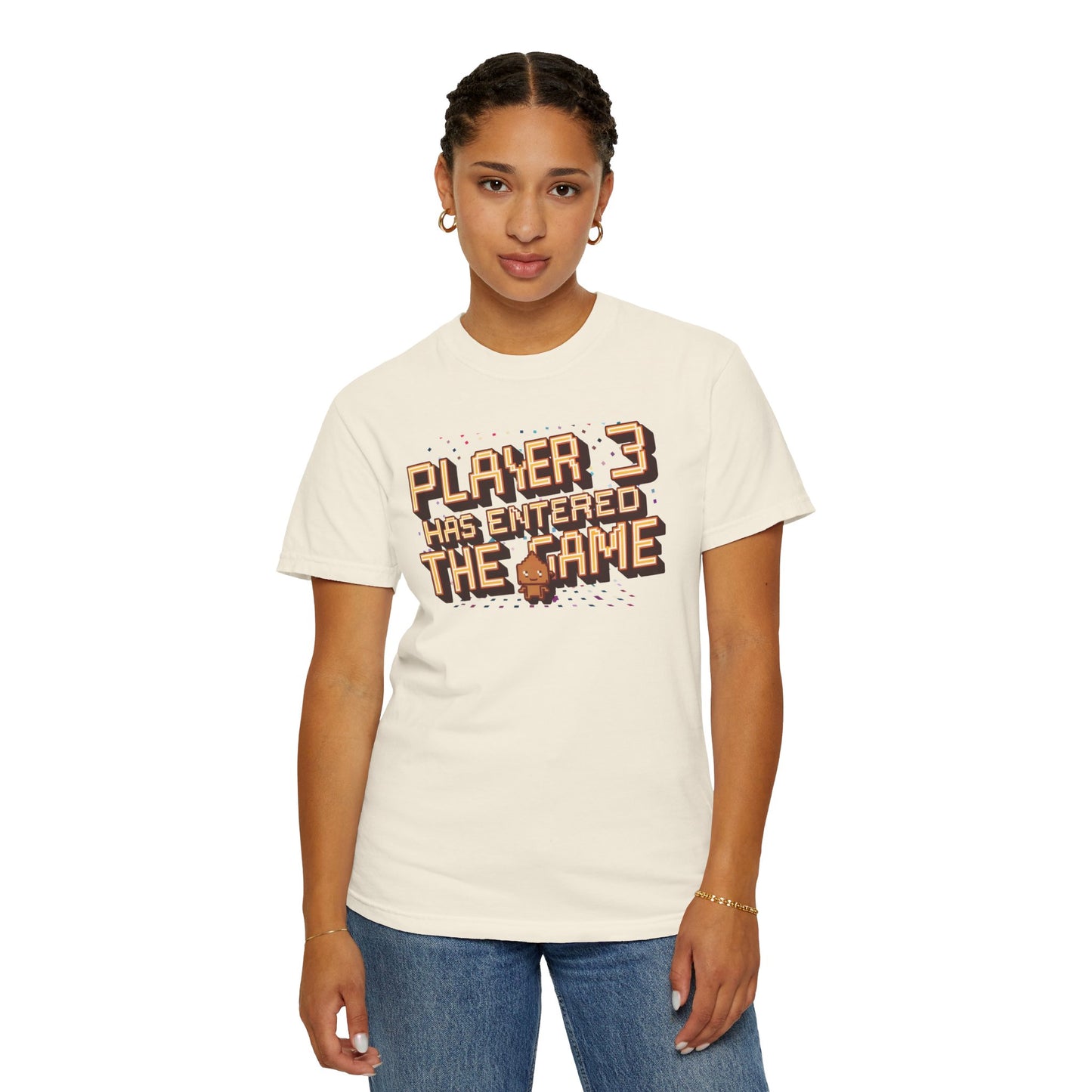 White and cream-colored t-shirts featuring the text "Player 3 Has Entered the Game" in a retro gaming design.