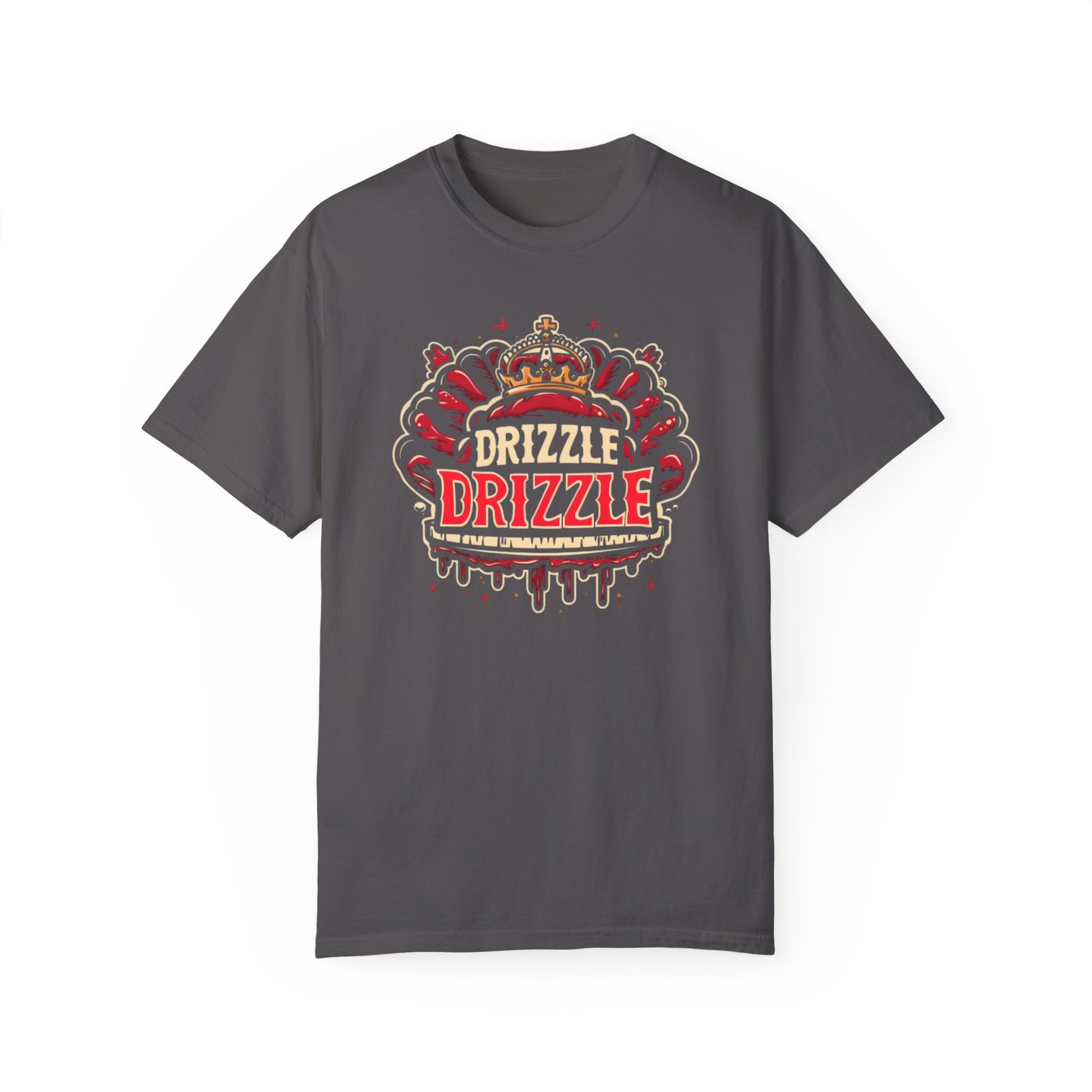 'Drizzle Drizzle' themed t-shirts showcasing a blend of royal crown imagery and modern slang, perfect for a relaxed yet stylish look.