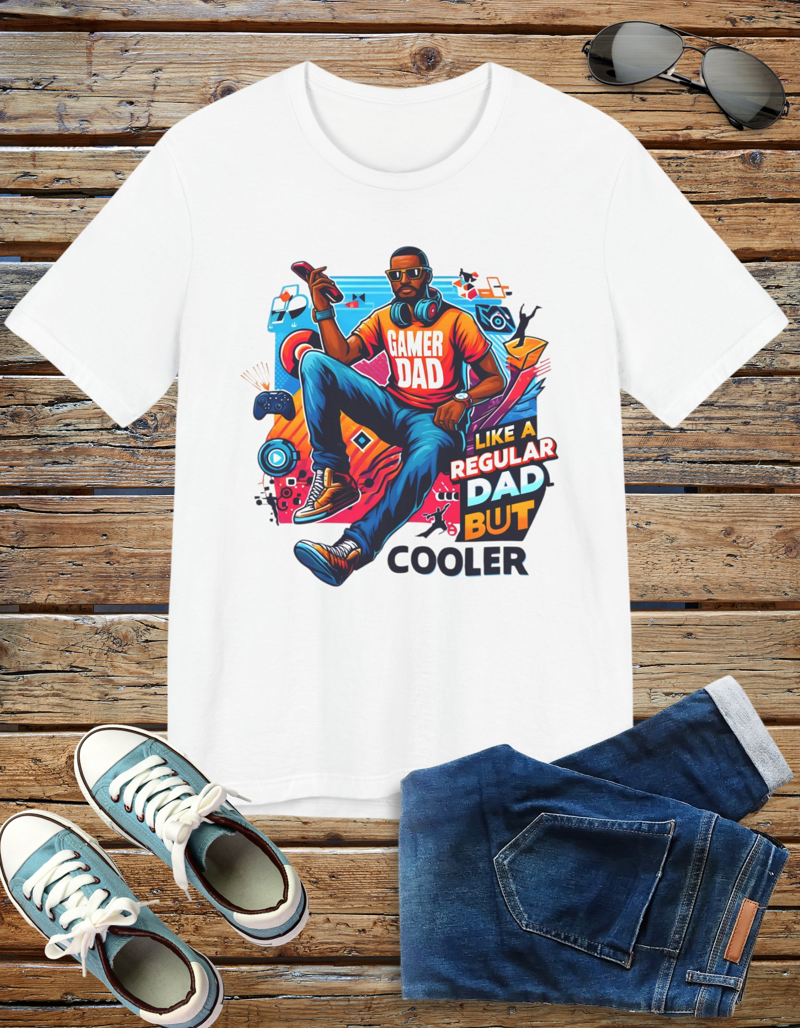 Gamer Dad t-shirt with the text 'I'm a Gamer Dad - Like a Normal Dad, Only Cooler' featuring a stylish design, perfect for gamer dads.