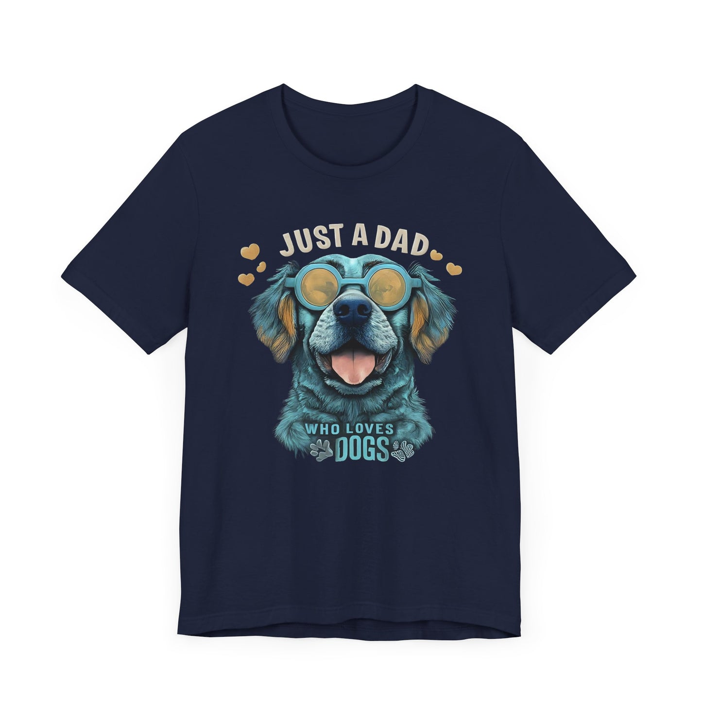 T-shirt featuring a vibrant and colorful graphic of a dog wearing glasses, with the text "Just a Dad Who Loves Dogs" prominently displayed. Perfect for dog dads and Father's Day gifts.