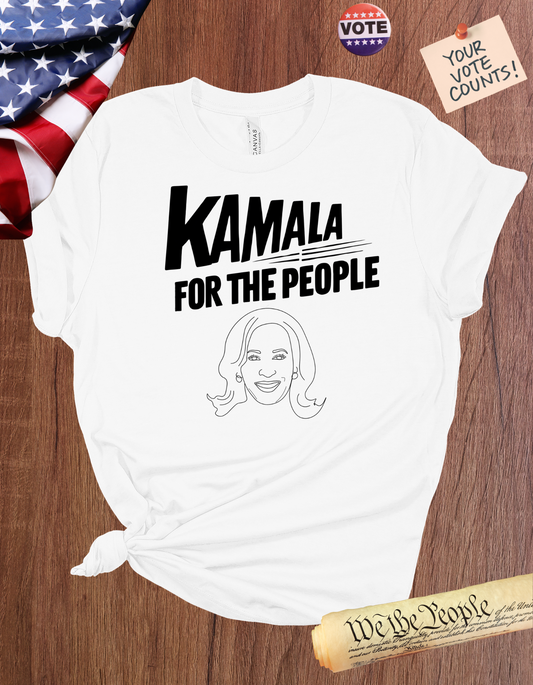 Kamala Harris 'For The People' graphic t-shirt featuring an illustration of Kamala Harris and a bold slogan.