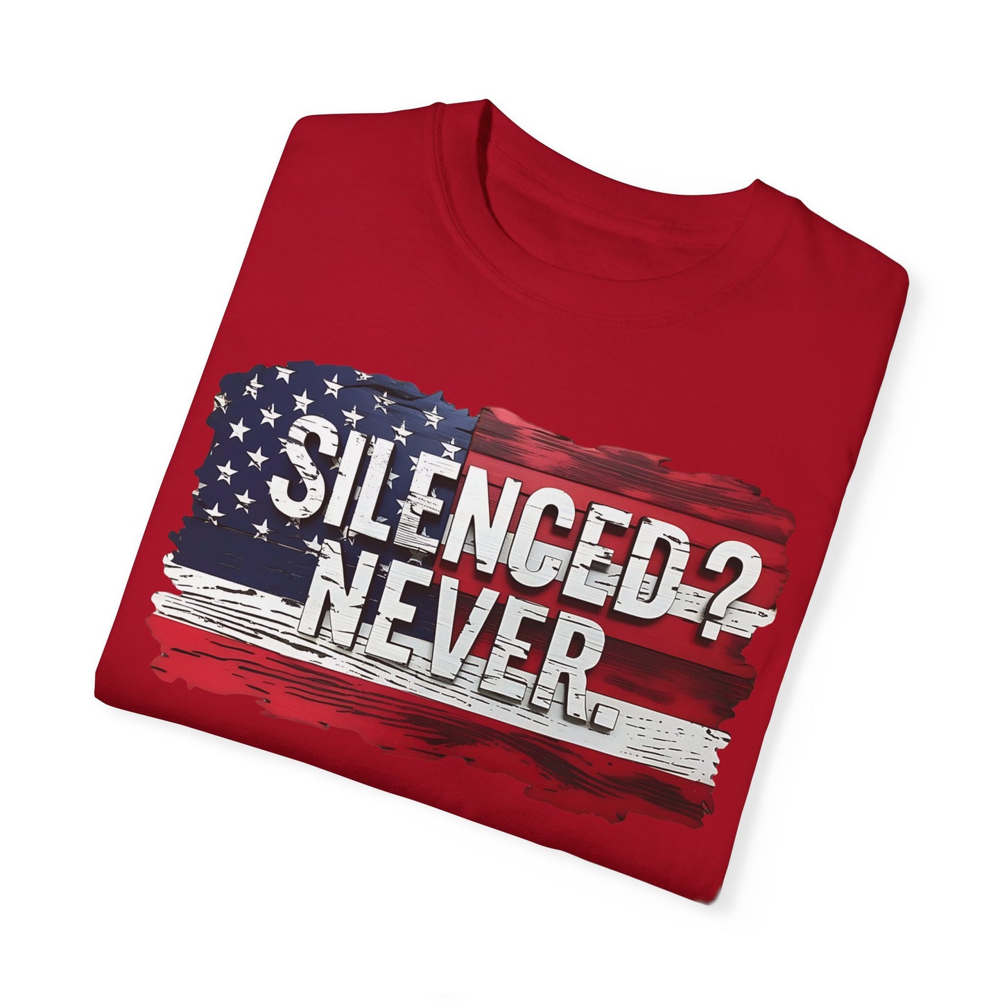 Silenced? Never. Patriotic T-Shirt with Vintage American Flag Design