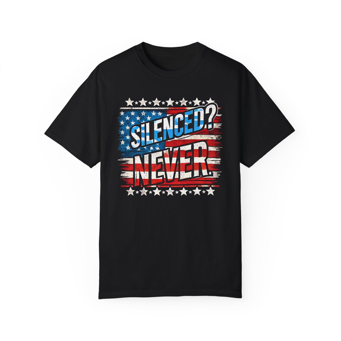 Silenced? Never. Patriotic T-Shirt with Vintage American Flag Design