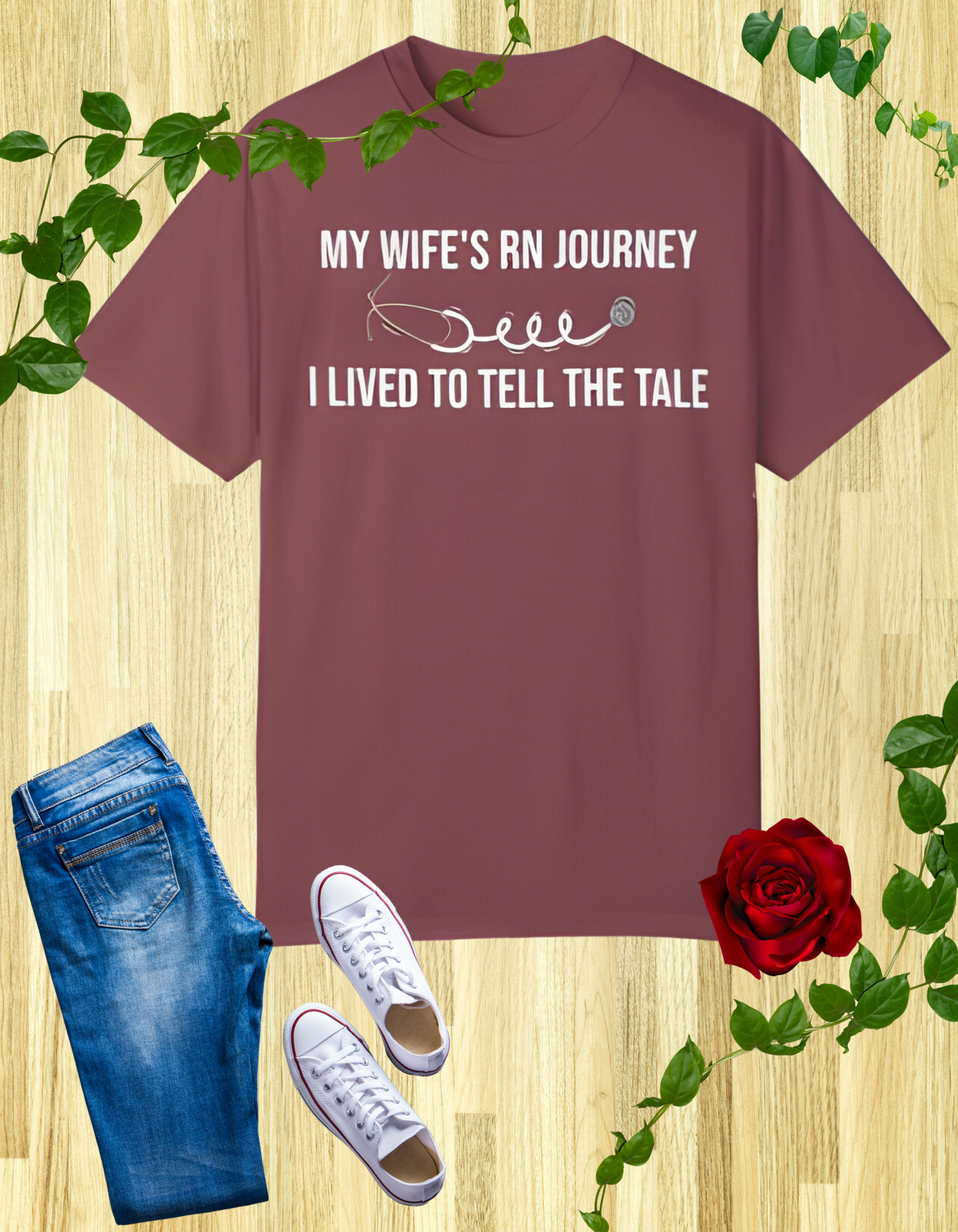 Funny RN journey t-shirt for supportive husbands - My Wife's RN Journey - I Lived to Tell the Tale.