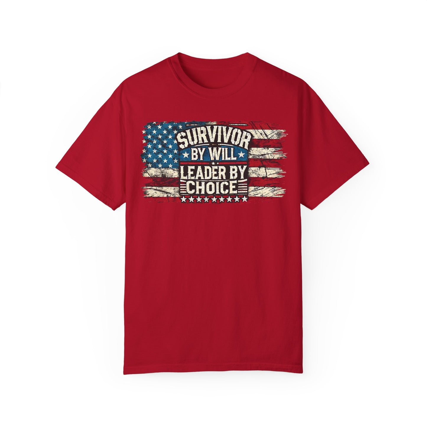 Silenced? Never. t-shirt with a distressed American flag background, featuring bold white text