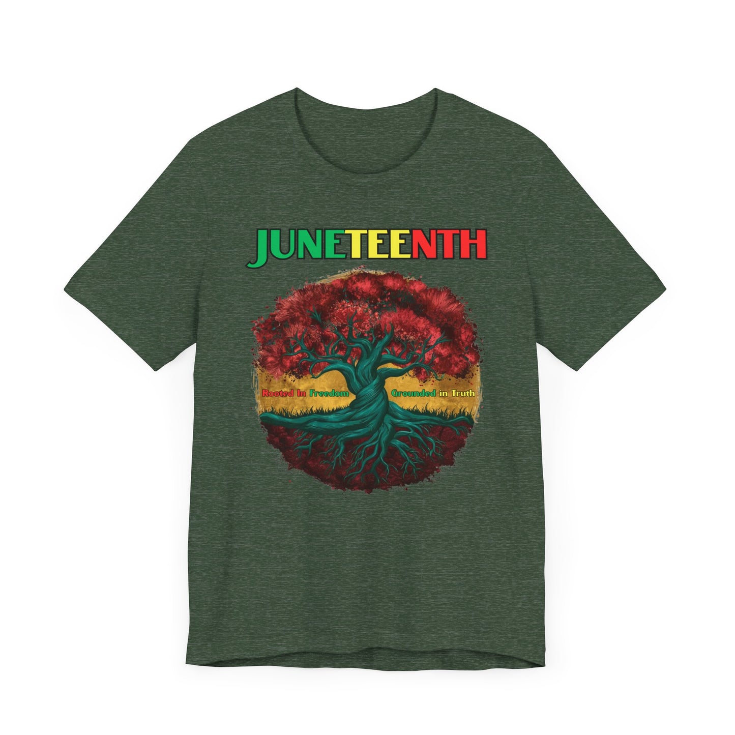 Vibrant Juneteenth Celebration Shirt featuring a powerful tree design symbolizing growth and resilience, with the word "Juneteenth" in bold colors, perfect for celebrating freedom and Black history.