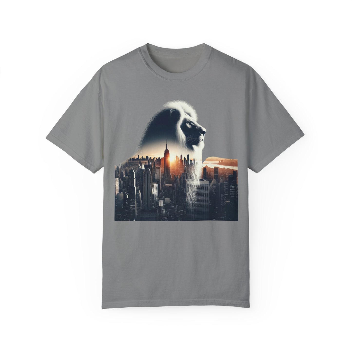 Urban Jungle Majesty Tee with lion and panther silhouette against a city skyline.