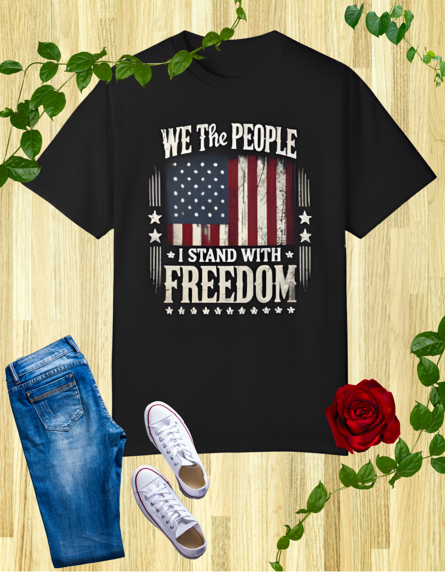 A black t-shirt featuring the text 'We The People - I Stand With Freedom' with a vintage American flag graphic.