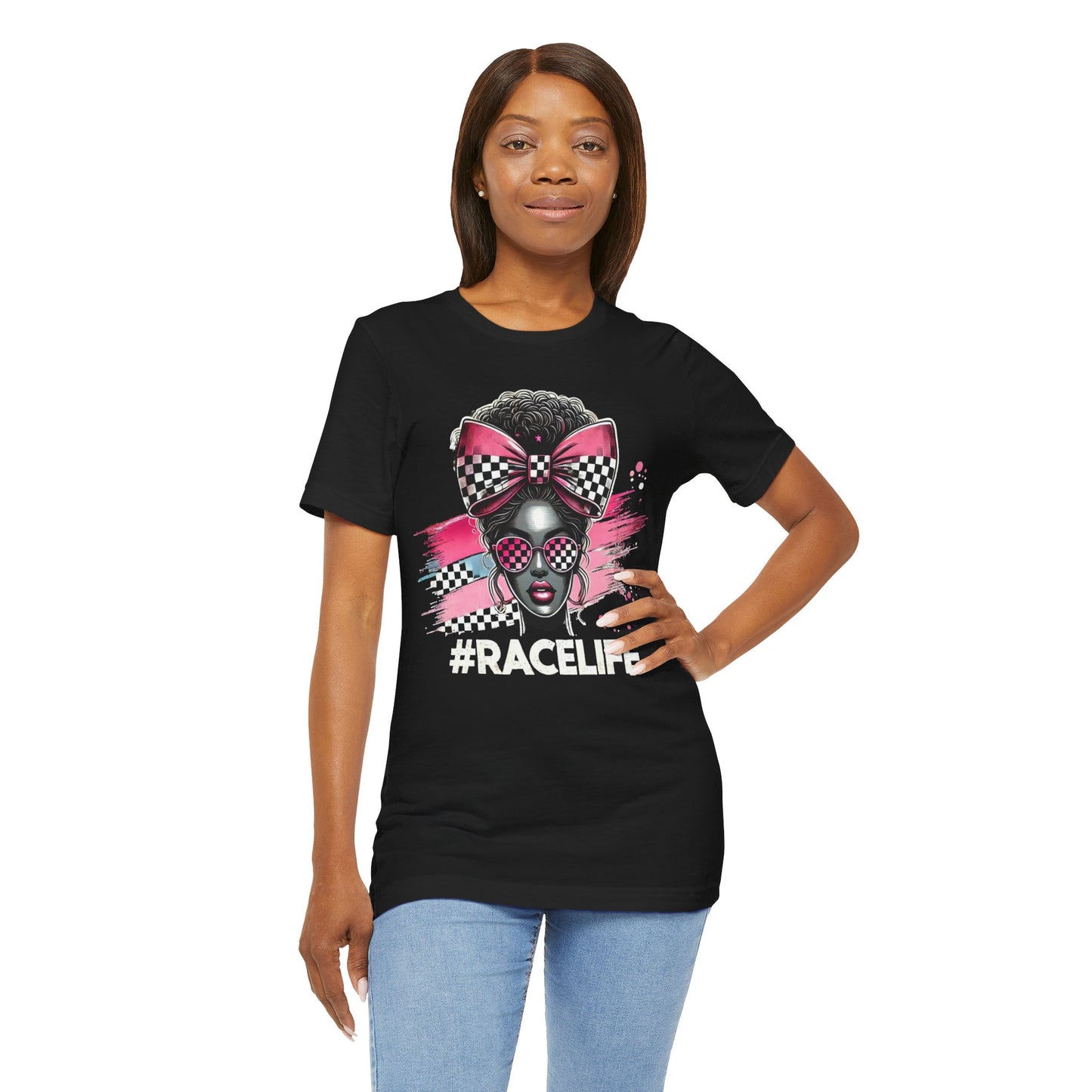 Black t-shirt with a stylish woman in checkered bow and sunglasses, pink brushstroke background, text "#RaceLife."