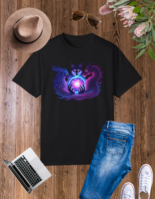 Mystical Animal Unisex T-Shirt - Enchanted Wolf & Dragon Design