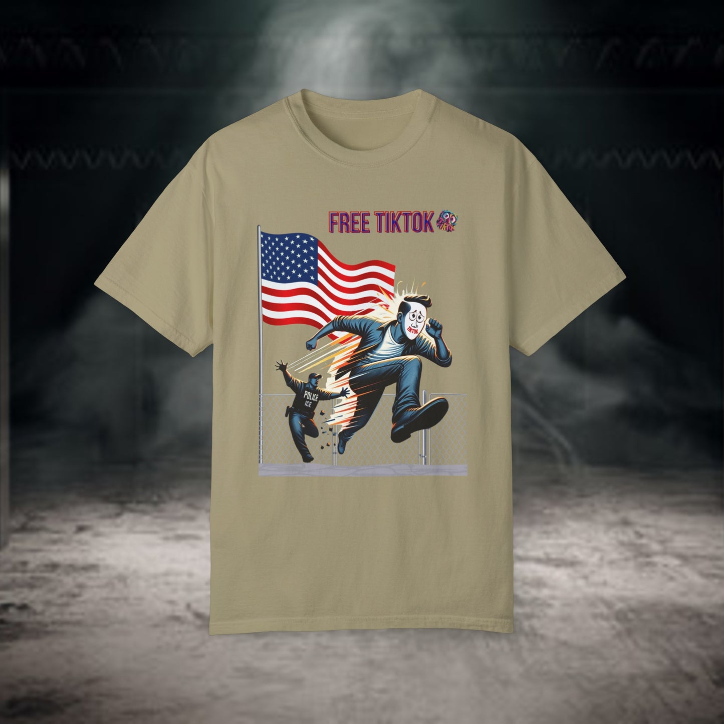 Rebellious "Free TikTok" vintage graphic tee featuring a masked figure escaping over a fence with the American flag in the background, perfect for making a bold and humorous statement with style.