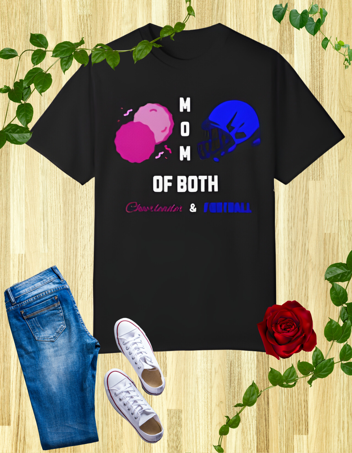 Mom of Both t-shirt featuring ballet slippers and basketball / cheerleading pom-poms and football helmet design