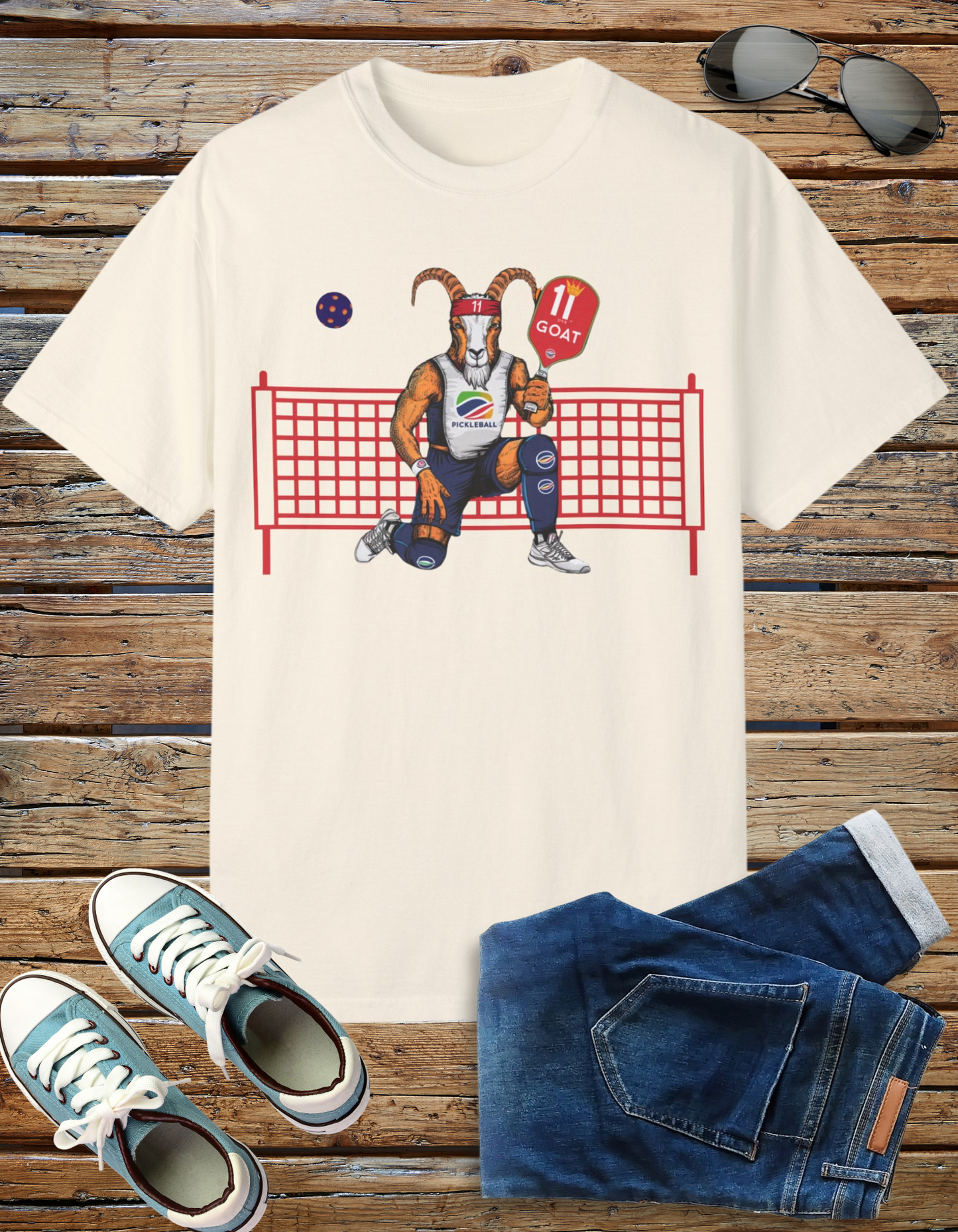 Pickleball Goat Greatest of All Times t-shirt with a cartoon goat dressed as a pickleball champion.