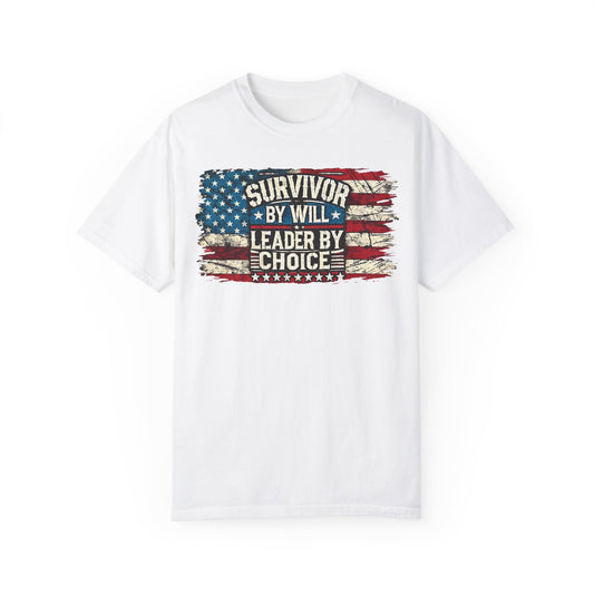 Patriotic T-Shirt - Survivor by Will, Leader by Choice | Vintage American Flag Design