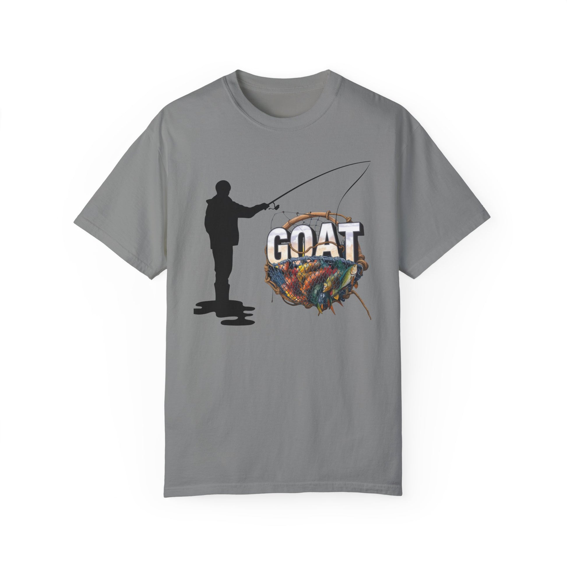 GOAT Dad Fishing T-Shirt featuring a silhouette of a dad fishing with the text 'GOAT' and a colorful fish design, perfect gift for dads who love fishing.