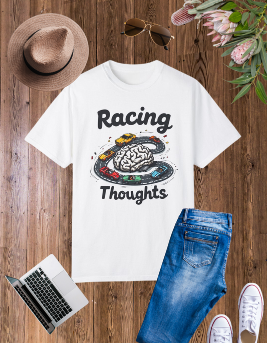 Racing Thoughts Unisex Garment-Dyed T-Shirt | Fun Brain Design | Perfect for Creative Minds