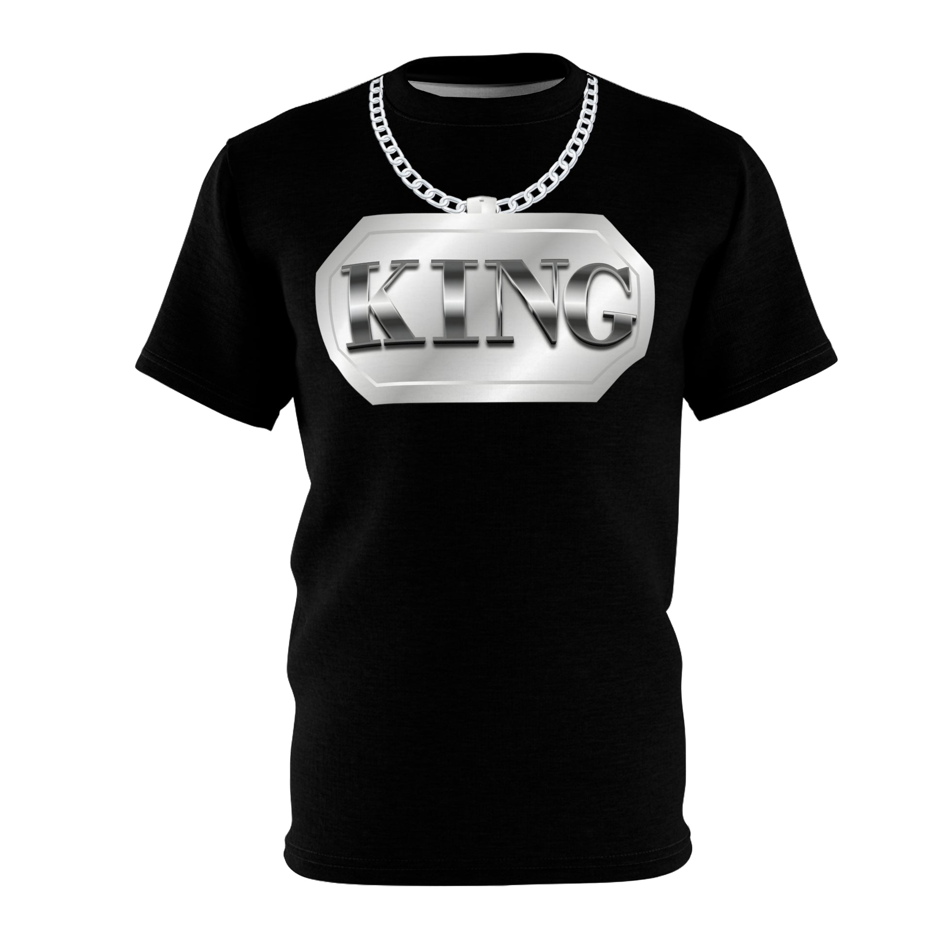 Black t-shirt featuring a bold "King" graphic with a chain design, creating a powerful and stylish look.