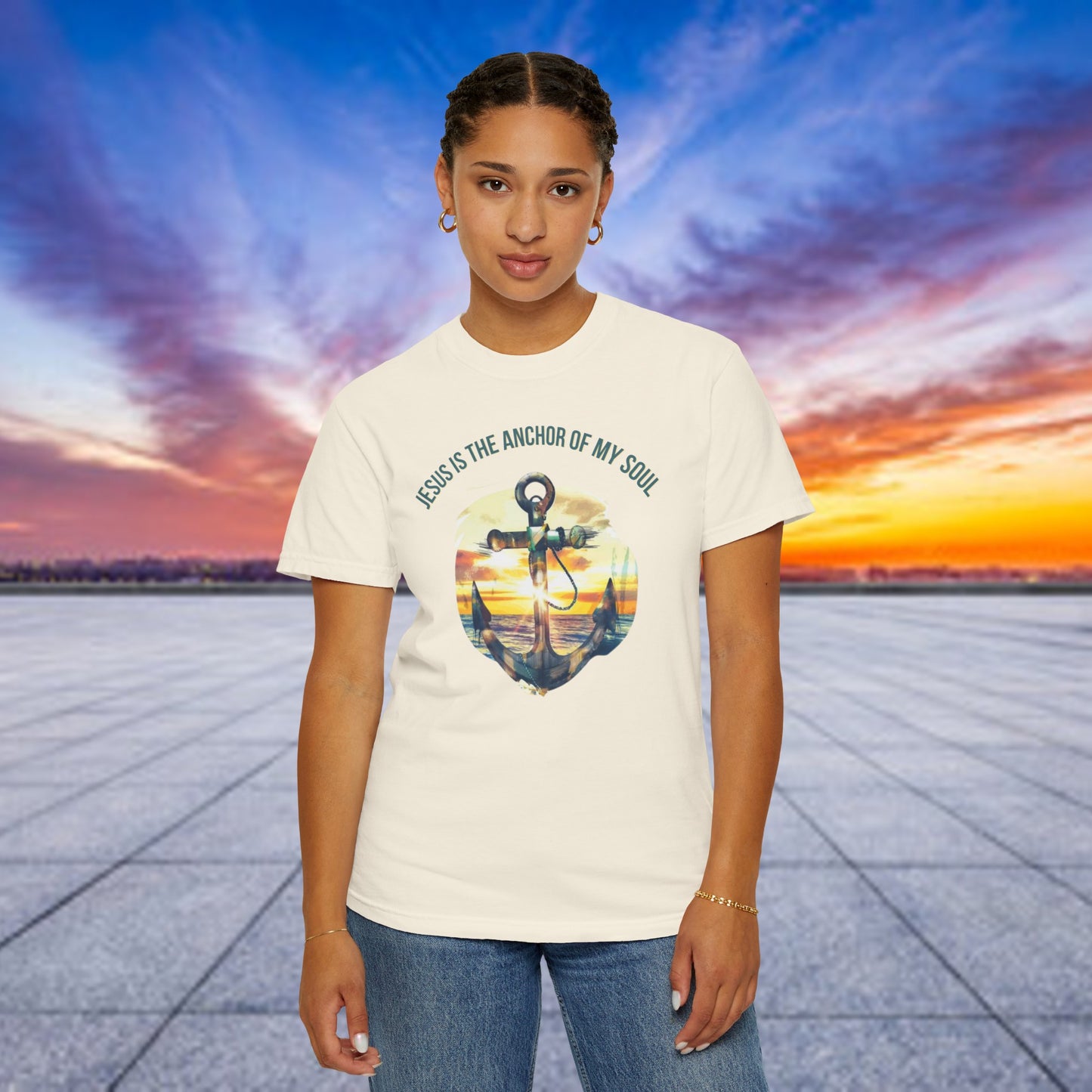 Inspirational "Jesus is the Anchor of My Soul" Christian graphic tee featuring an anchor design set against a serene sunset, perfect for expressing faith and spirituality with a vintage touch.