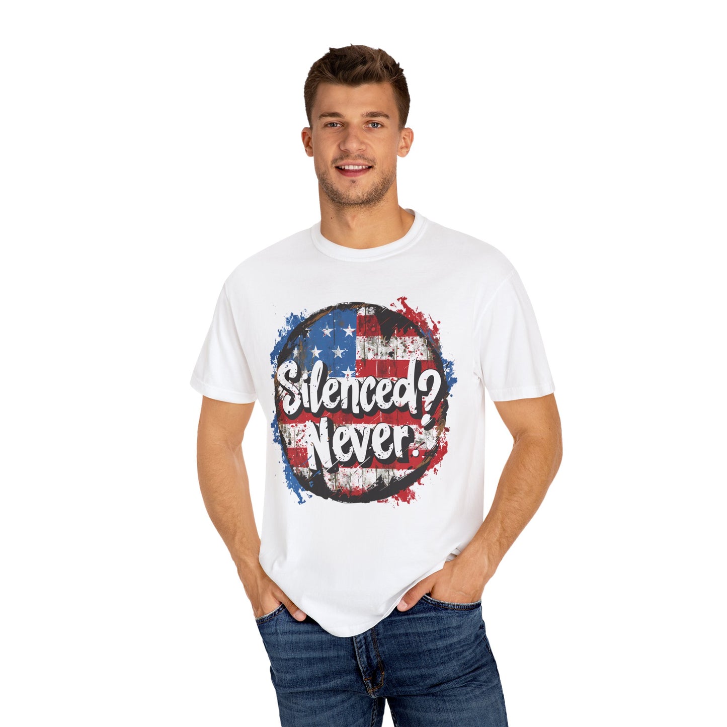 Silenced? Never. Patriotic T-Shirt with Vintage American Flag Design