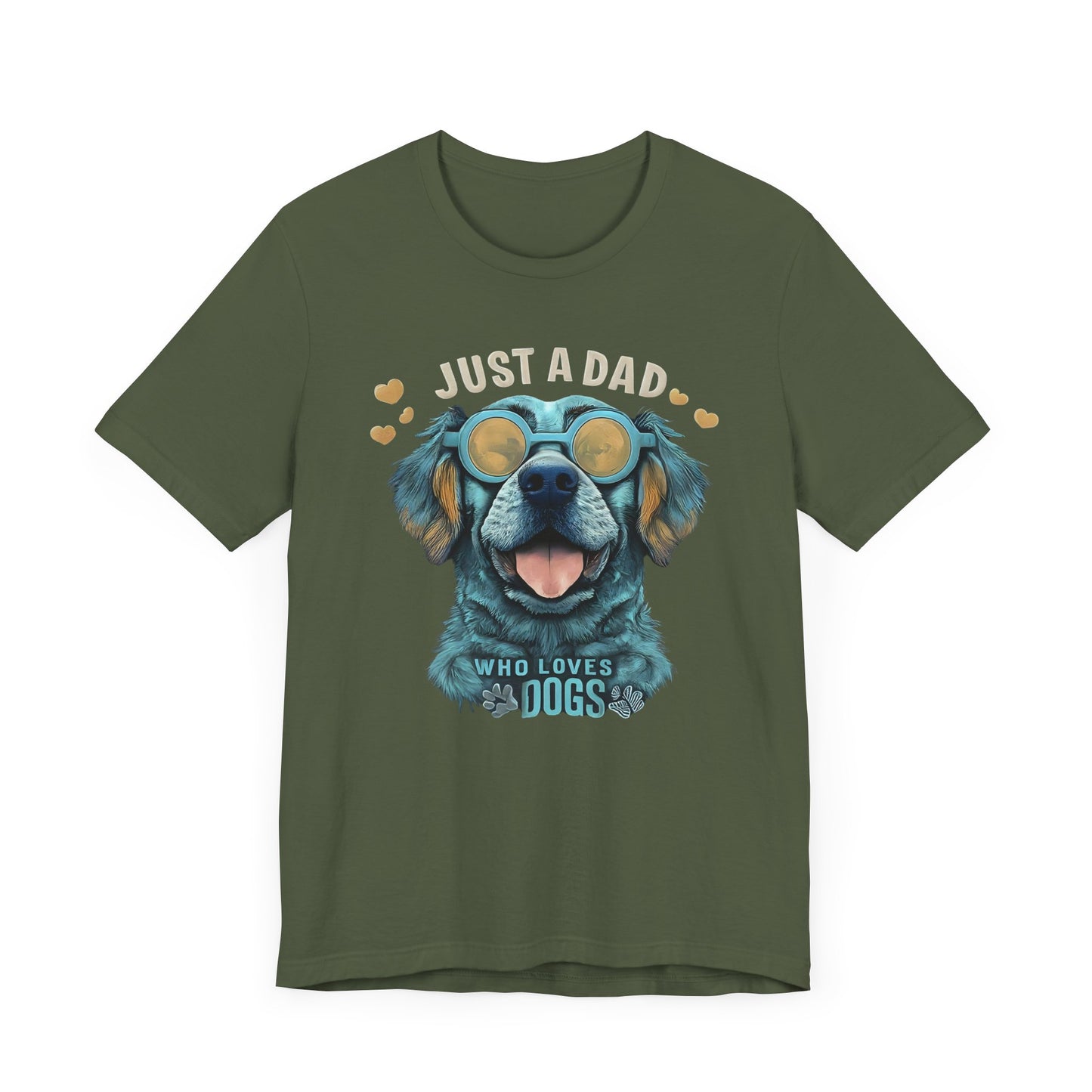 T-shirt featuring a vibrant and colorful graphic of a dog wearing glasses, with the text "Just a Dad Who Loves Dogs" prominently displayed. Perfect for dog dads and Father's Day gifts.