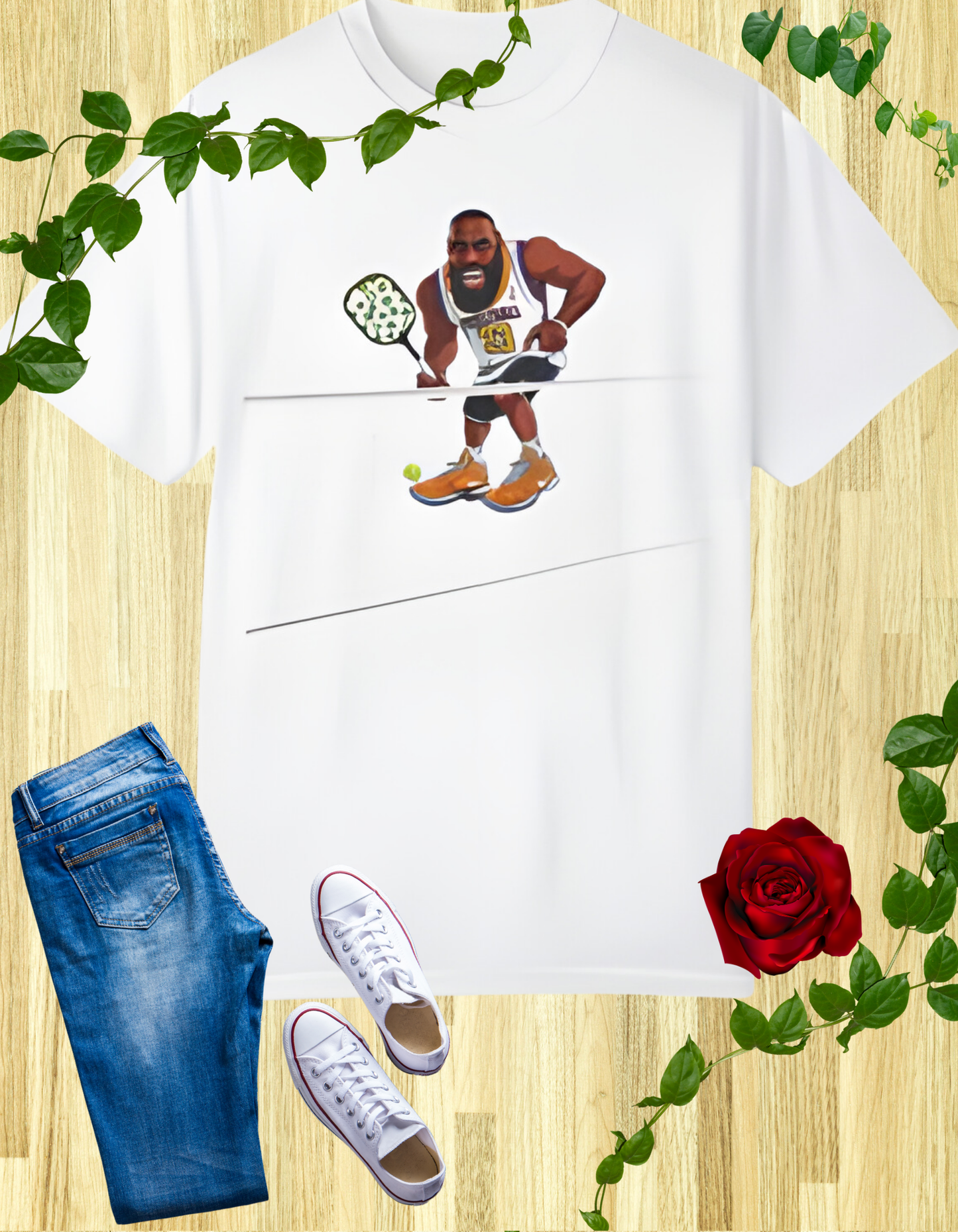 White t-shirt featuring a humorous graphic of a basketball player surprised by pickleball, with the text "Bruh, Pickleball?!