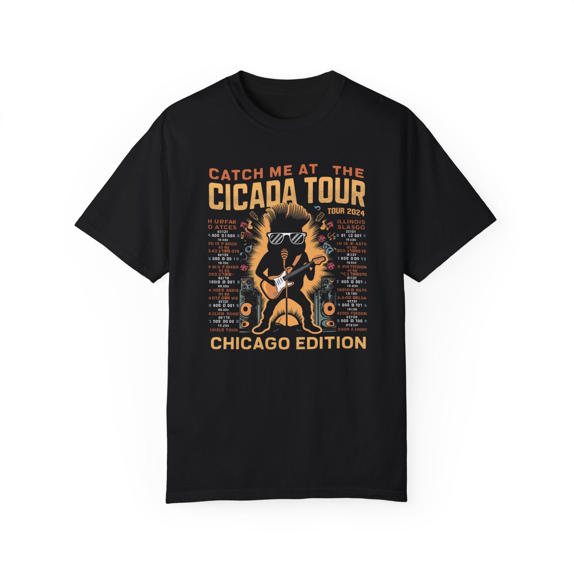 Cicada Tour 2024 Chicago Edition t-shirt featuring a mystical cicada design, with event dates and details in an eye-catching layout.