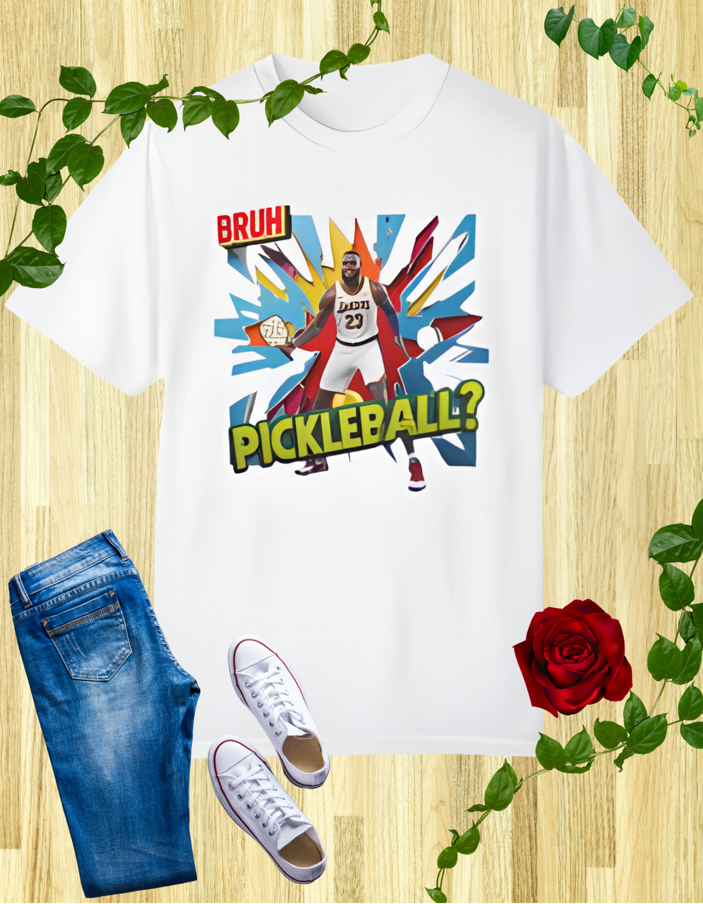 White t-shirt featuring a humorous graphic of a basketball player surprised by pickleball, with the text "Bruh, Pickleball?!