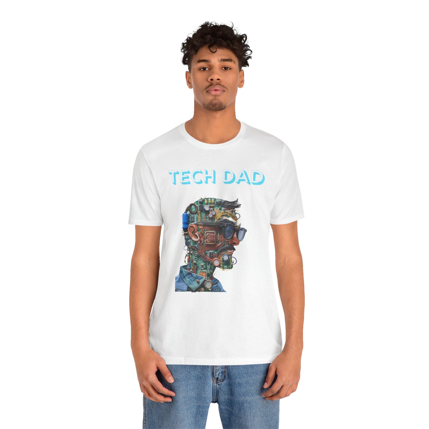 T-shirt with a bold 'Tech Dad' design, featuring a vibrant circuit board graphic, perfect for tech-savvy dads.