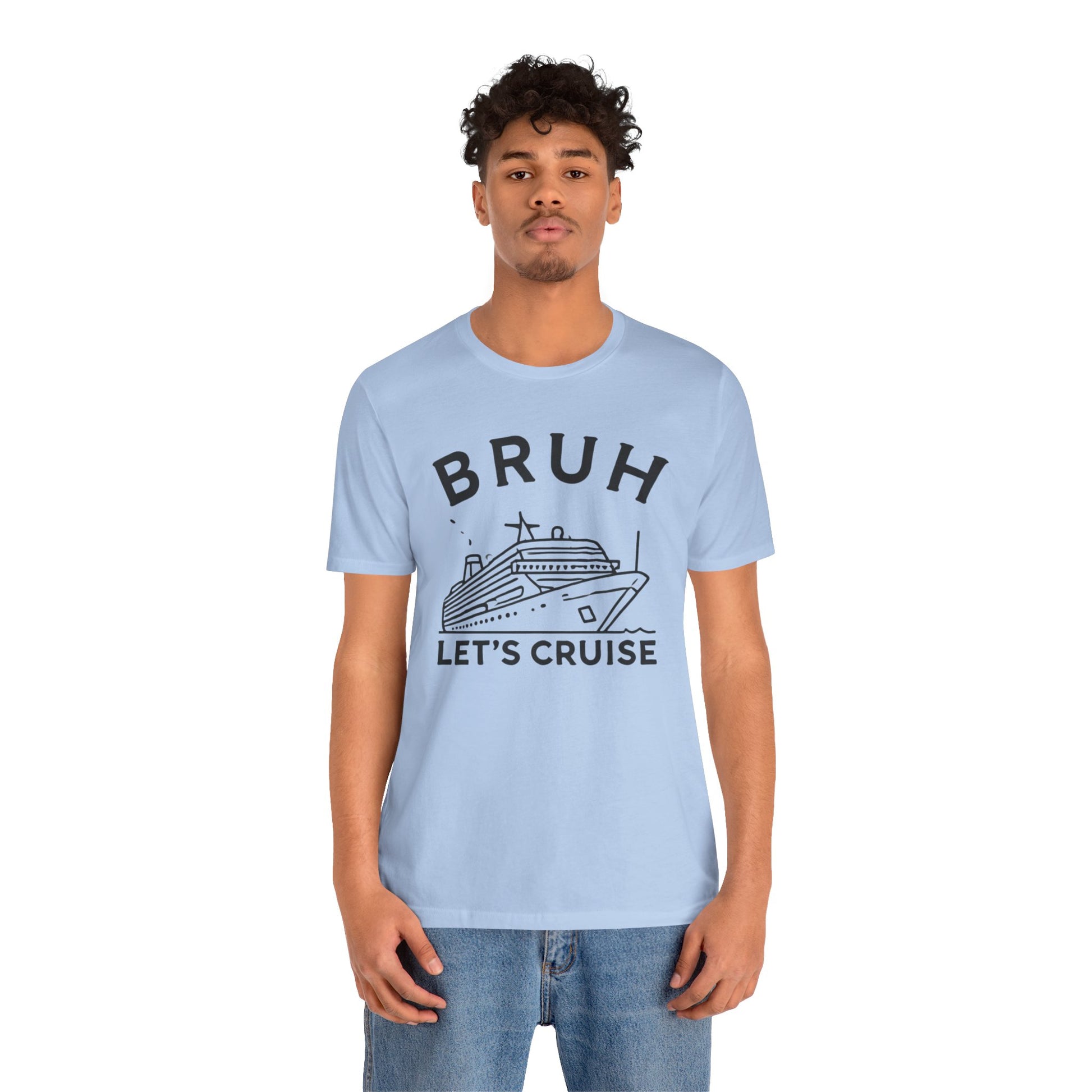 Funny 'Bruh, Let's Cruise' t-shirt with cruise ship graphic, perfect for cruise enthusiasts and vacation travelers.