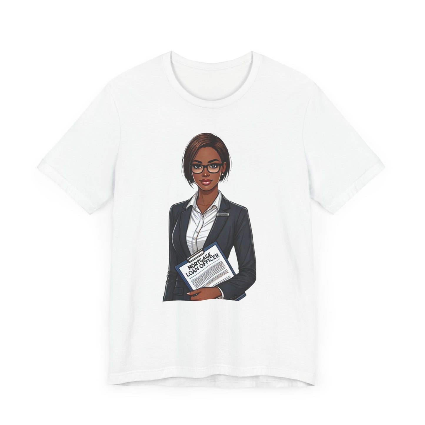 Mortgage Loan Officer gift t-shirt featuring a professional illustration of a loan officer holding documents.