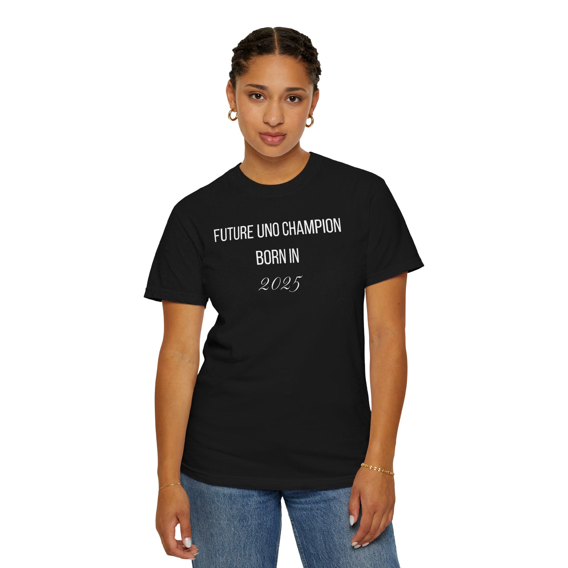 Black t-shirt with the text "Future UNO Champion Born in 2024" in a stylish, playful font.